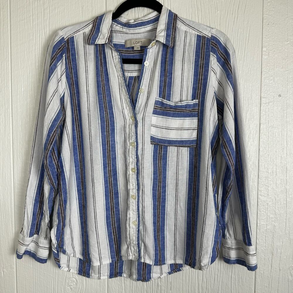 LOFT Striped Linen Blend Everyday Pocket Shirt Button Front Size Small - Picture 7 of 8